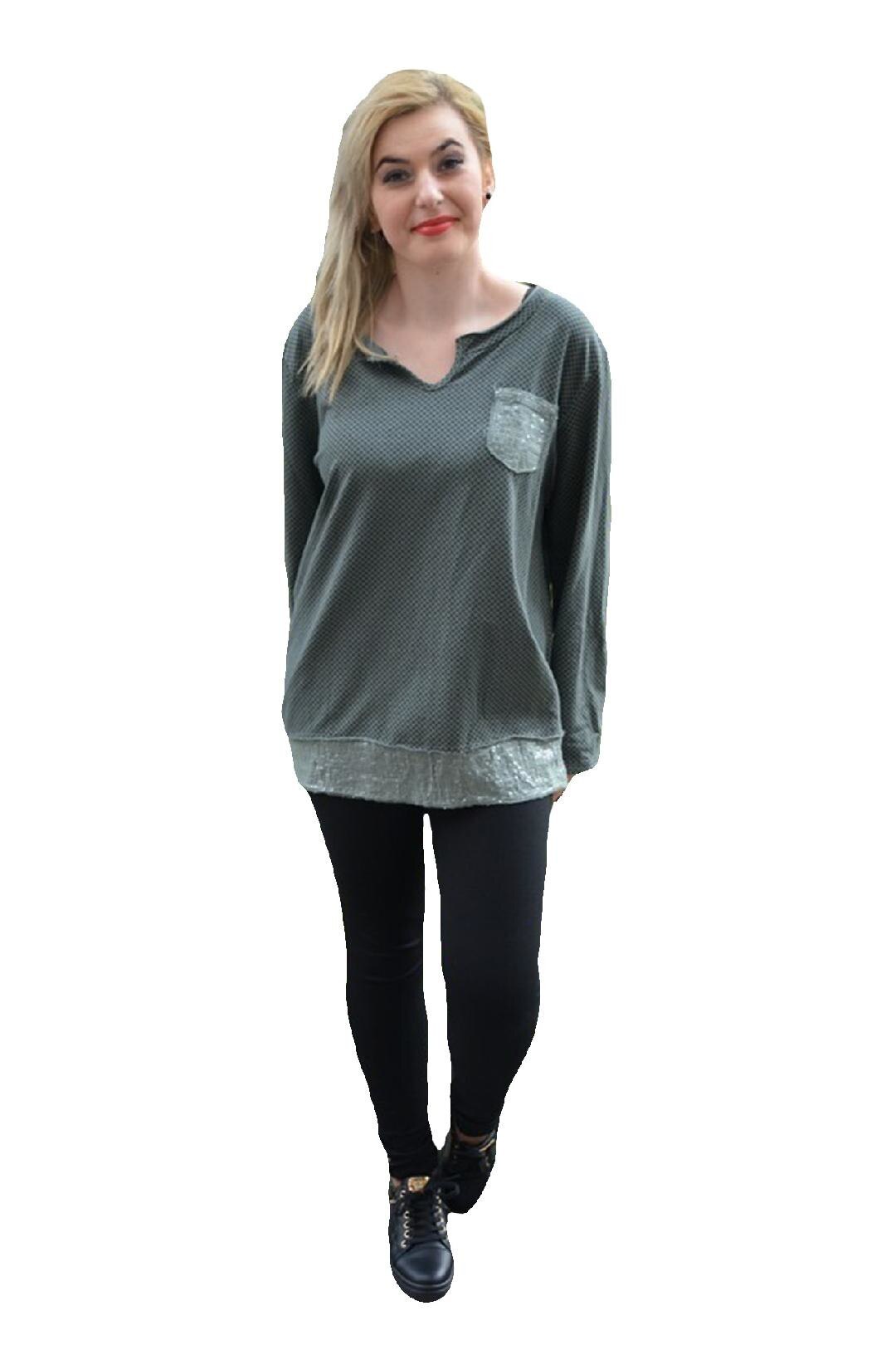 Bluza comoda din bumbac cu insertii de paiete,masura mare,D&J Exclusive, Verde inchis