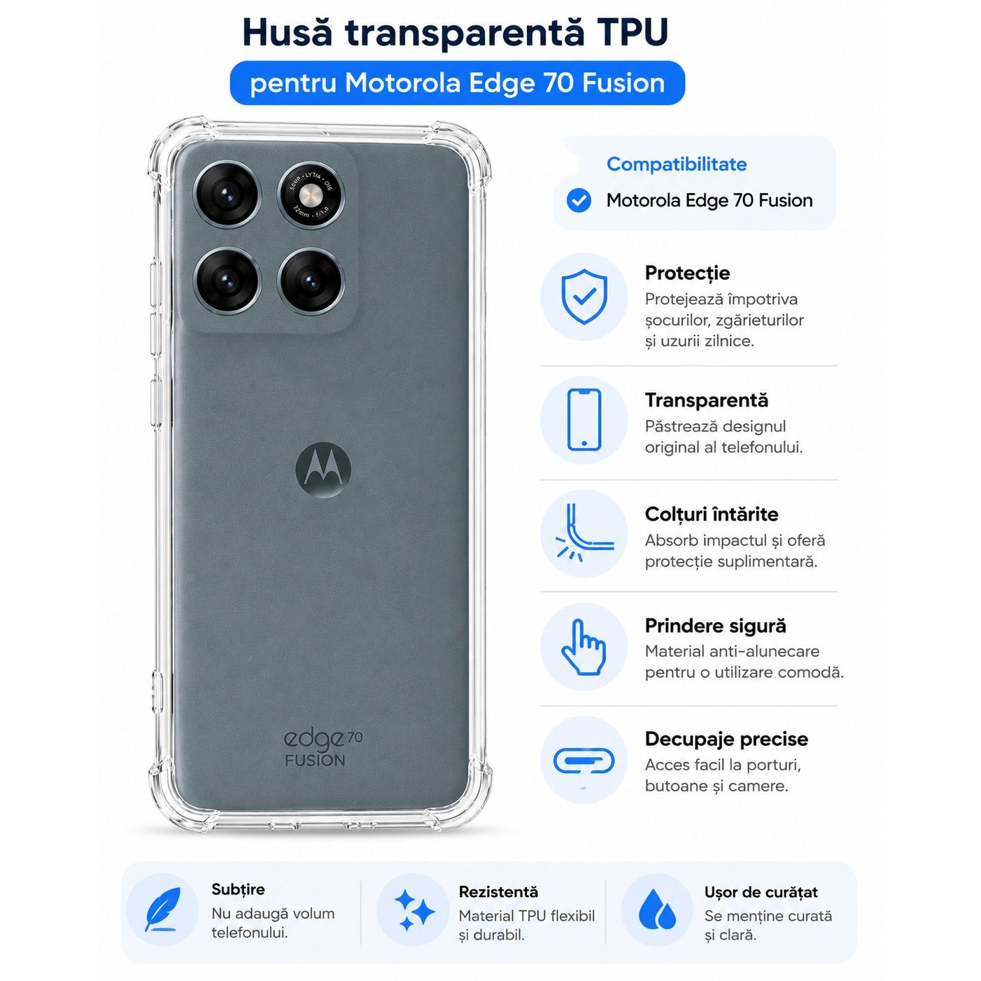 Husa protectie Mat-Tech compatibila cu Motorola Edge 70 Fusion, Protectie Camera, Margini ridicare Ecran, Colturi anti-soc, Rezistenta la impact, Transparenta