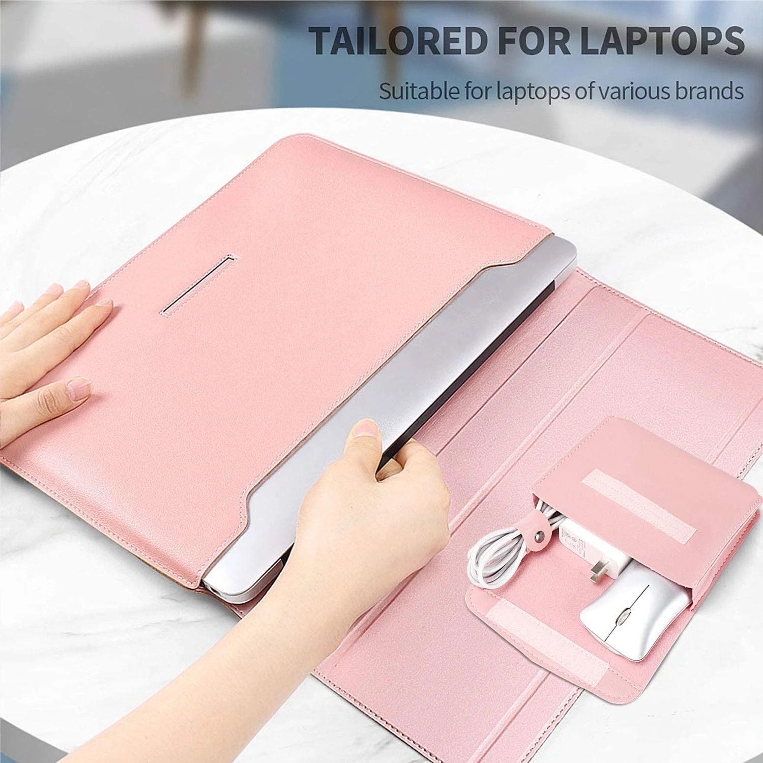 Husa laptop YANYXR BCS3230632 din piele PU cu stand pliabil, interior din fetru, rezistenta la apa, ultra slim, roz