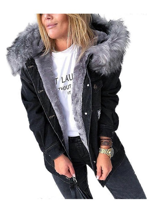 Jacheta fleece cu gluga si denim dama, negru