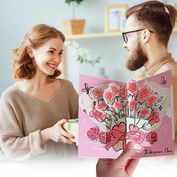 YANYXR BCS3072927 3D üdvözlőlap pop-up rózsacsokorral és borítékkal, rózsaszín, 16 x 11 cm
