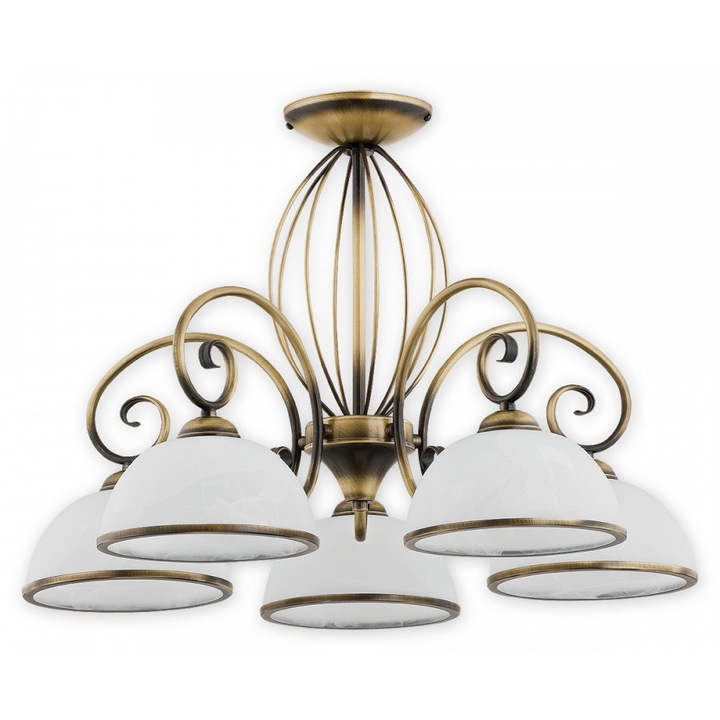 Candelabru Indra alama patinata cu cinci brate si abajururi din sticla tip alabastru, 5xE27, max 5x60W, 02495 W5 Lemir