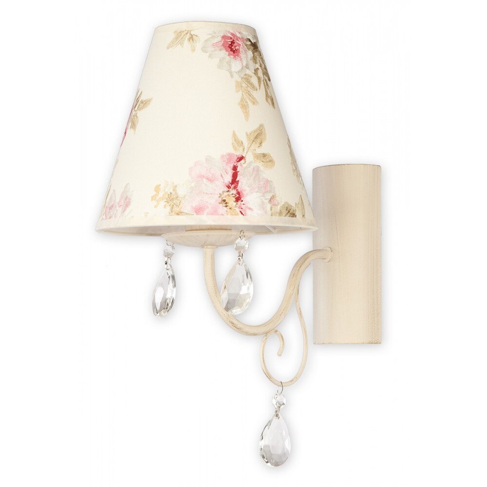 Aplica shabby chic Velio, alb antichizat cu abajur din tesatura decorata cu flori pastel, 1XE27, max 60W, 01960 AB Lemir