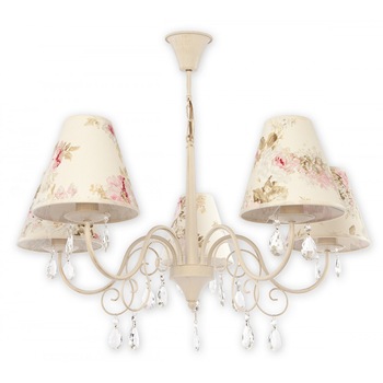 Candelabru shabby chic Velio cu cinci brate, alb antichizat cu abajururi din tesatura decorata cu flori pastel, 5XE27, max 5x60W, 01965 AB Lemir Candelabru shabby chic Velio cu cinci brate, alb antichizat cu abajururi din tesatura decorata cu flori pastel, 5XE27, max 5x60W, 01965 AB Lemir
