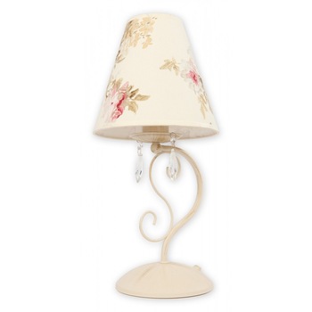 Veioza shabby chic Velio, alb antichizat cu abajur din tesatura decorata cu flori pastel, 1XE27, max 60W, 01968 AB Lemir Veioza shabby chic Velio, alb antichizat cu abajur din tesatura decorata cu flori pastel, 1XE27, max 60W, 01968 AB Lemir