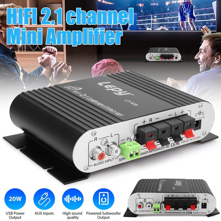 Amplificator Mini 2.1 Canale, 15Wx2+20W, bass reglabil, argintiu, 12V