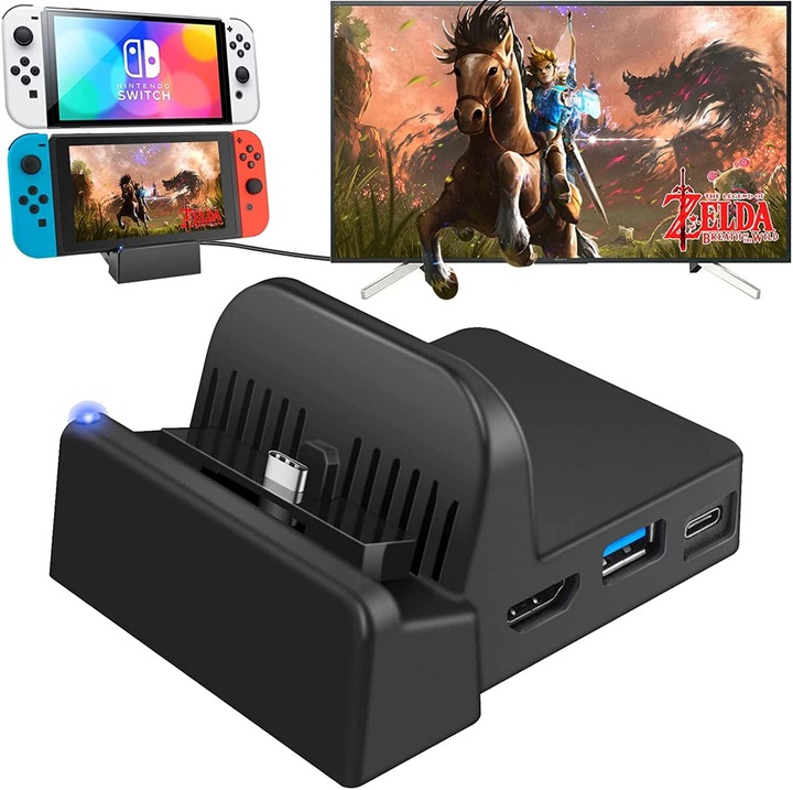 Statie de andocare portabila pentru Nintendo Switch, 4K HDMI, USB 3.0, USB-C, negru, compacta