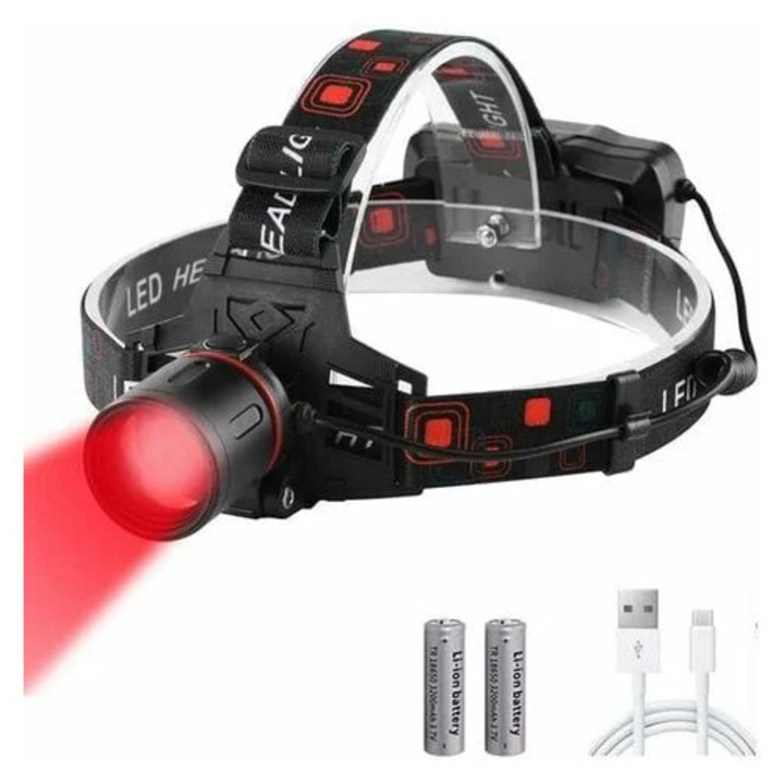 Lanterna frontala LED YANYXR rosu, reglabila, 2x18650, 1000 lumeni, 90°