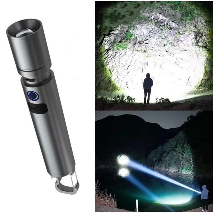 Lanterna YANYXR multifunctionala, LED, portabila, rezistenta, 3 moduri, argintiu, 15x4cm