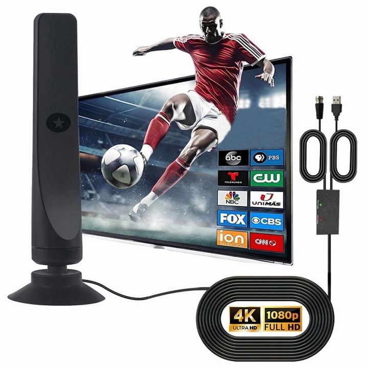 Antena TV digitala, semnal 1000 mile, booster, cablu 5m, negru