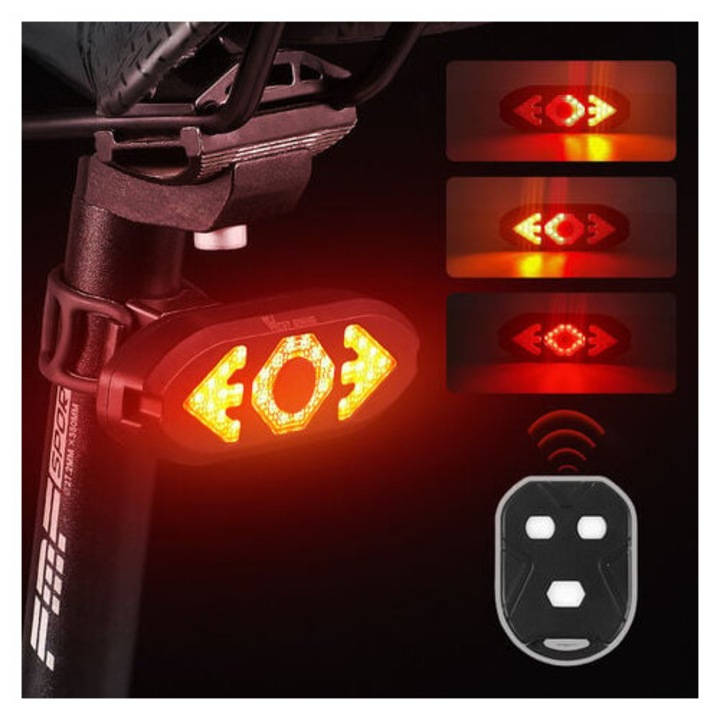 Lumina spate bicicleta YANYXR cu semnalizare, telecomanda wireless, LED, rezistenta la apa, rosu-galben, universal