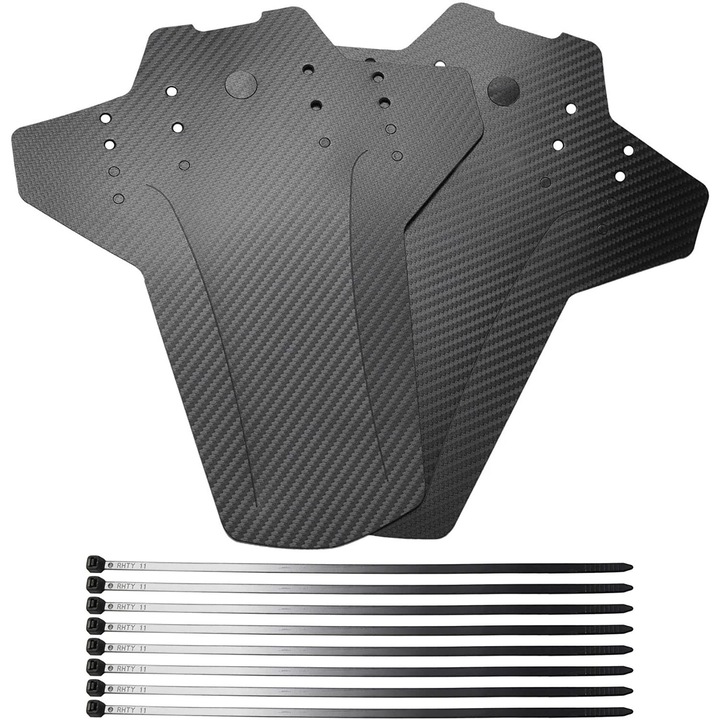 Aparatoare noroi YANYXR BCS3191334 pentru bicicleta, set fata + spate, plastic flexibil cu model 3D fibra de carbon, negru, 265 x 220 x 0.8 mm, 2 buc + 8 coliere