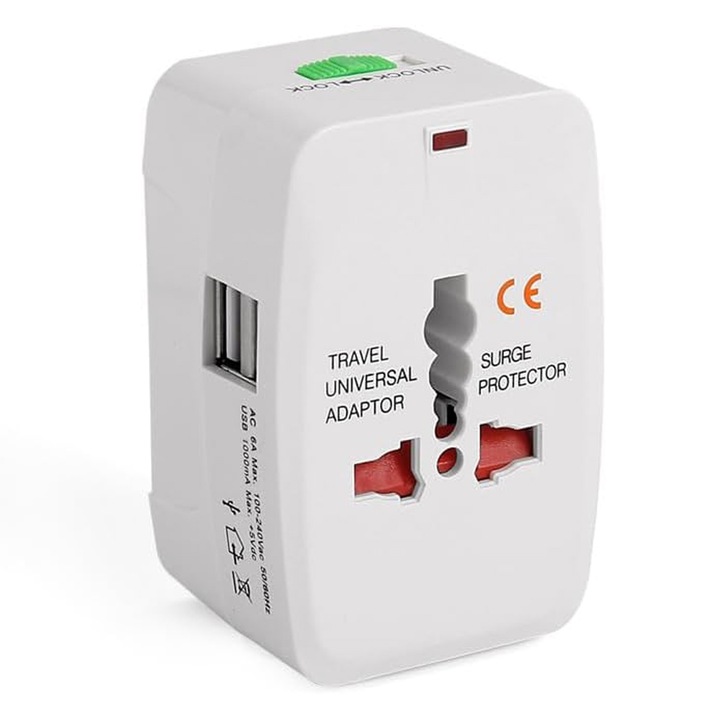 Adaptor de calatorie, 2 porturi USB, alb, 9.5x5.5x5 cm