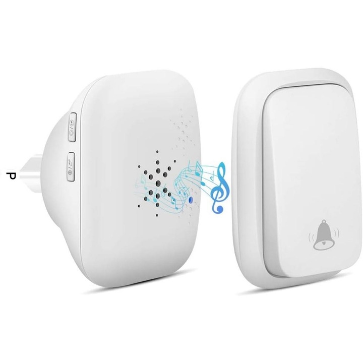 Sonerie wireless, 38 sunete, volum reglabil, alb, compact, 100m, rezistenta la apa