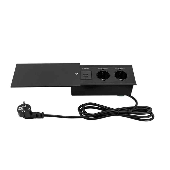 Priza incastrabila birou, 2 prize euro, 2 porturi USB, gri antracit, 12x8x5.5cm, cablu 1.8m