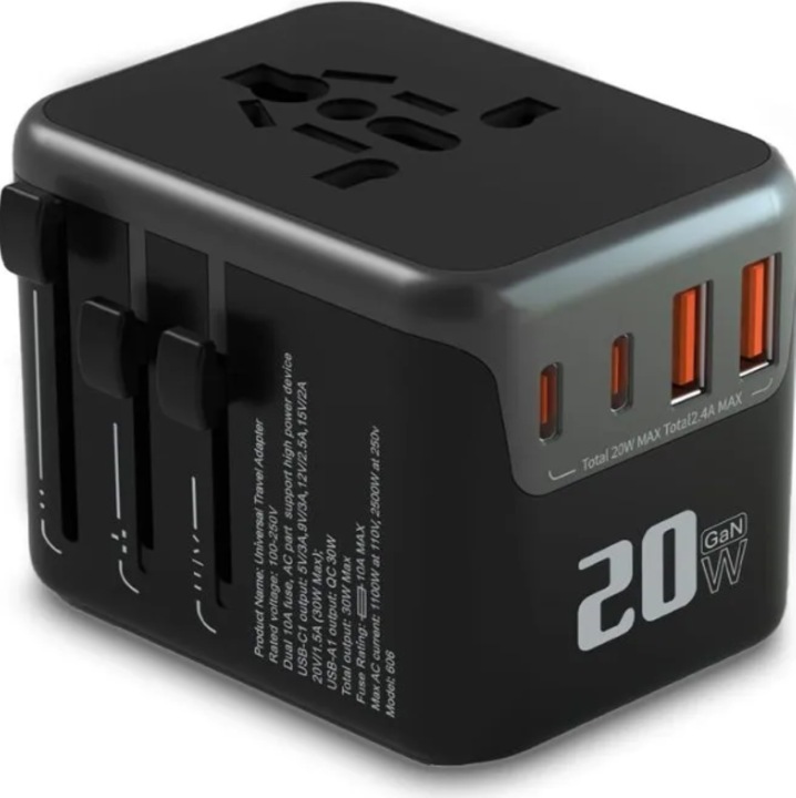 Adaptor de calatorie universal, 4 prize, 2 USB A, 2 USB C, alb, compact