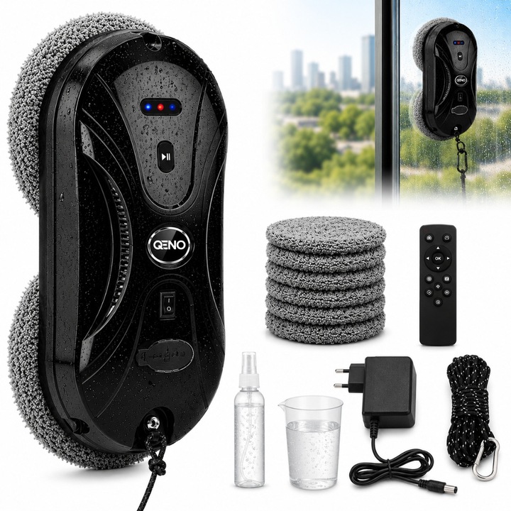 Robot inteligent de curatat geamuri QENO® ClearNOVATE 70 W, 3000 Pa putere de aspirare, Pulverizare inteligena, 3 moduri de curatare, Control din aplicatie si telecomanda, Senzori detectie margini, Capacitate apa 2x30 ml, 8 lavete ultrafine incluse, Negru