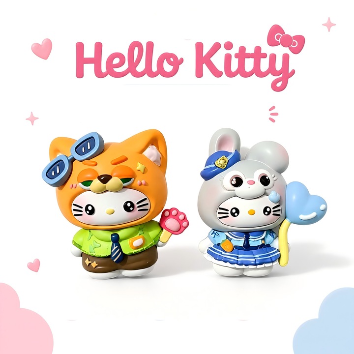 Комплект от 2 фигурки Hello Kitty Sanrio с животински костюми, PU колекционерски фигурки, декорация за торта за рожден ден, играчки за момичета, подарък за рожден ден на момиче