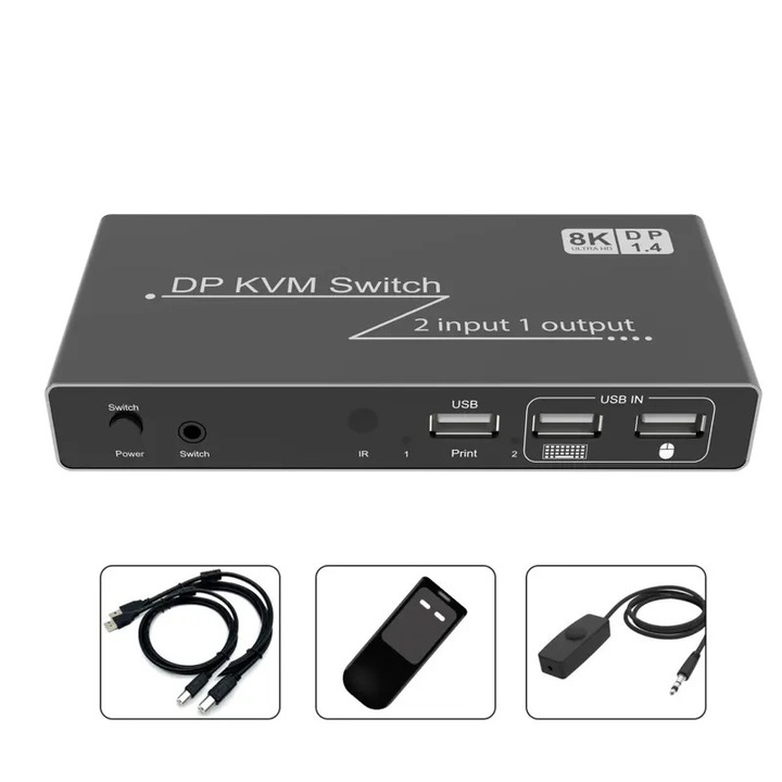 KVM DisplayPort 8K60 kapcsoló 11.2x7.9x2.8cm fekete alumínium szett
