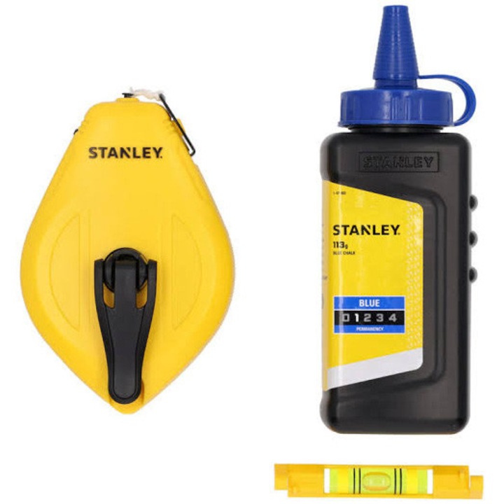Sfoara de trasare cu creta Stanley STHT47113-0, lungime fir 30 m, raport recuperare 1:1, carcasa din plastic ABS rezistentă, kit cu pudră albastră de marcare și nivela pentru fir, rebobinare manuală, ideală pentru construcții și amenajari