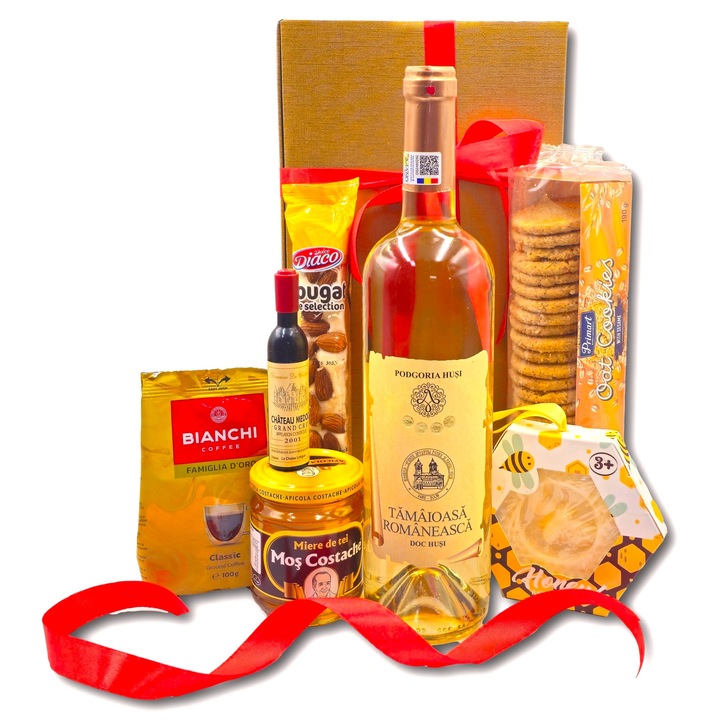 Pachet cadou elegant, model Honey Bliss, cu vin romanesc de traditie, miere de albine, cafea, surpize dulci si accesorii speciale, potrivit pentru Craciun, Paste si orice alte ocazii festive- by CADOURI PREMIUM®