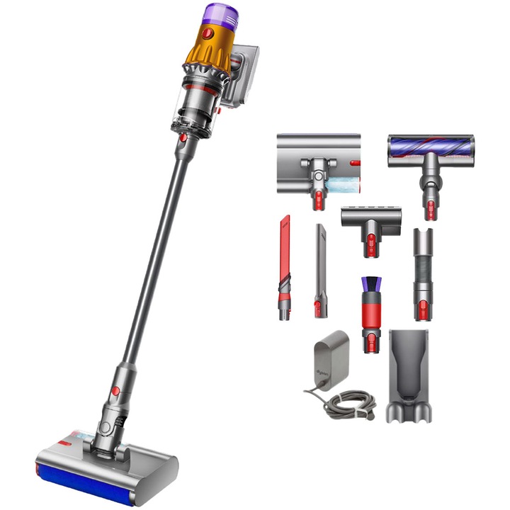 Aspirator vertical pentru aspirare uscata si spalare umeda Dyson V12s Detect Slim Submarine™ + kit de curatare, putere aspirare 140AW, autonomie pana la 60 minute, 3 niveluri de aspirare, statie andocare, galben/nichel
