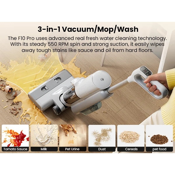 F10 Ultra, aspirator vertical 3-in-1 fara fir umed-uscat, autonomie 60 min, rezervor dublu apa 1, 3 l, spalare si aspirare, stecher EU