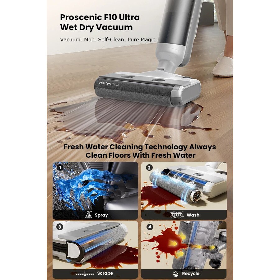 F10 Ultra, aspirator vertical 3-in-1 fara fir umed-uscat, autonomie 60 min, rezervor dublu apa 1, 3 l, spalare si aspirare, stecher EU