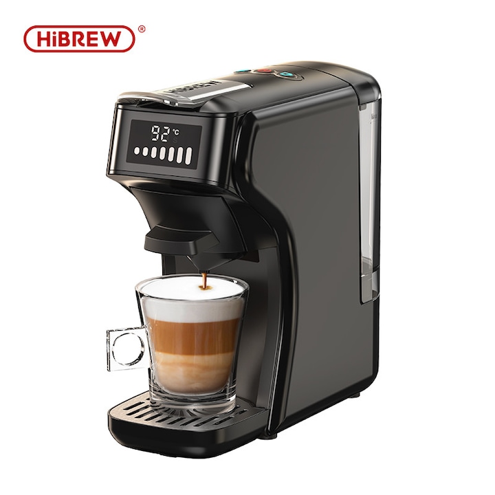 Espressor cafea design compact, HiBREW H1B 6 in 1 Coffee Maker, compatibil Nespresso, Dolce Gusto, K-Cup, paduri ESE, cafea macinata, Ceai, presiune 20 Bar, putere 1450W, Extractie calda si rece