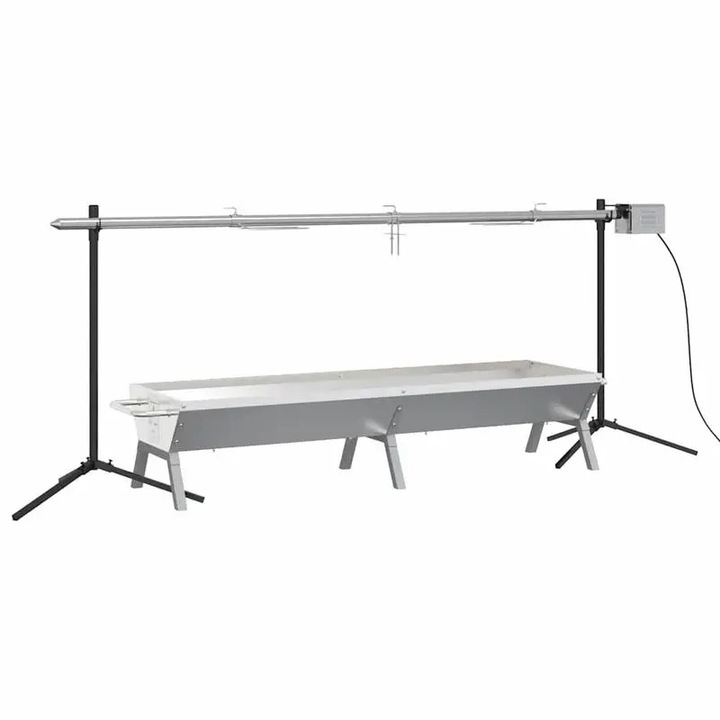 Gratar BBQ automat, Gratar rotisor din otel inoxidabil cu motor, Cadru 207x45x83 cm, Tava suport 158x42x31 cm, Pentru gradina in aer liber, Argintiu