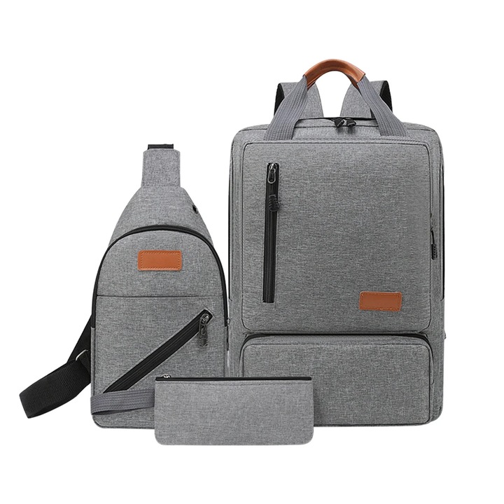YANYXR, rucsac laptop din Oxford pentru calatorie, set 3 piese (rucsac 17 inch + geanta crossbody si portofel), gri, 45 x 32 x 16 cm (BCS2909976)