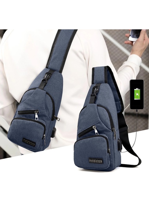 Rucsac crossbody YANYXR, albastru inchis, 31x17x5cm, cu port USB si jack casti