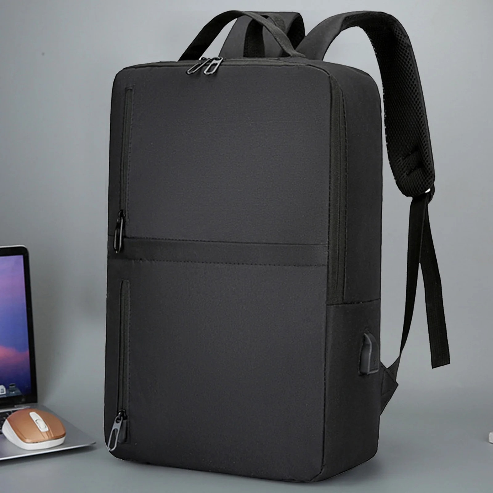 Rucsac laptop 15.6 inch, slim, rezistent, cu port USB, negru, 43x31x12cm