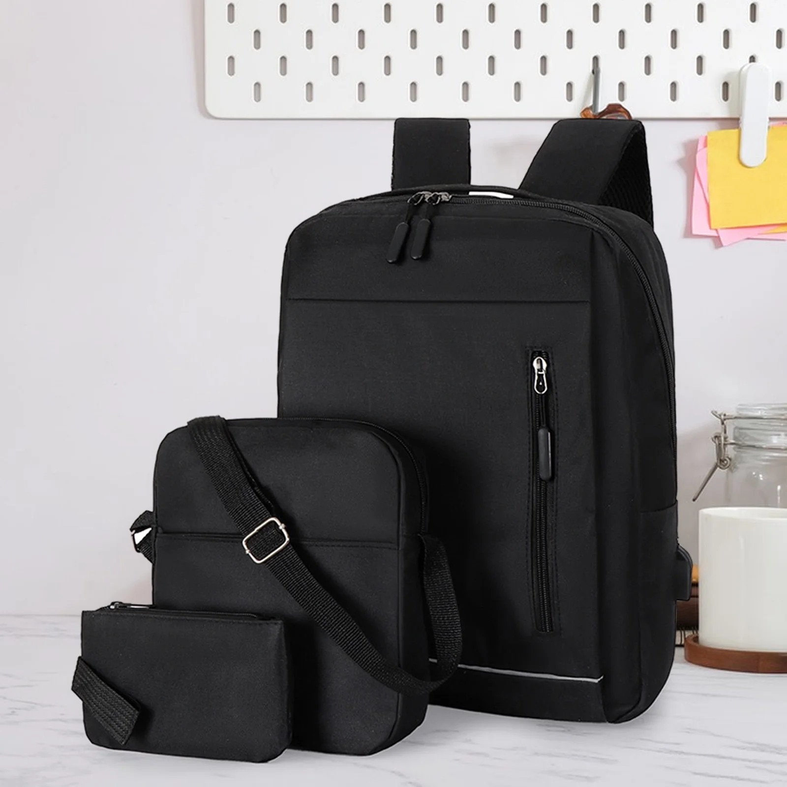Rucsac laptop set 3 piese, negru, 41x30x12cm, 22x20x5cm, 18x12x2cm