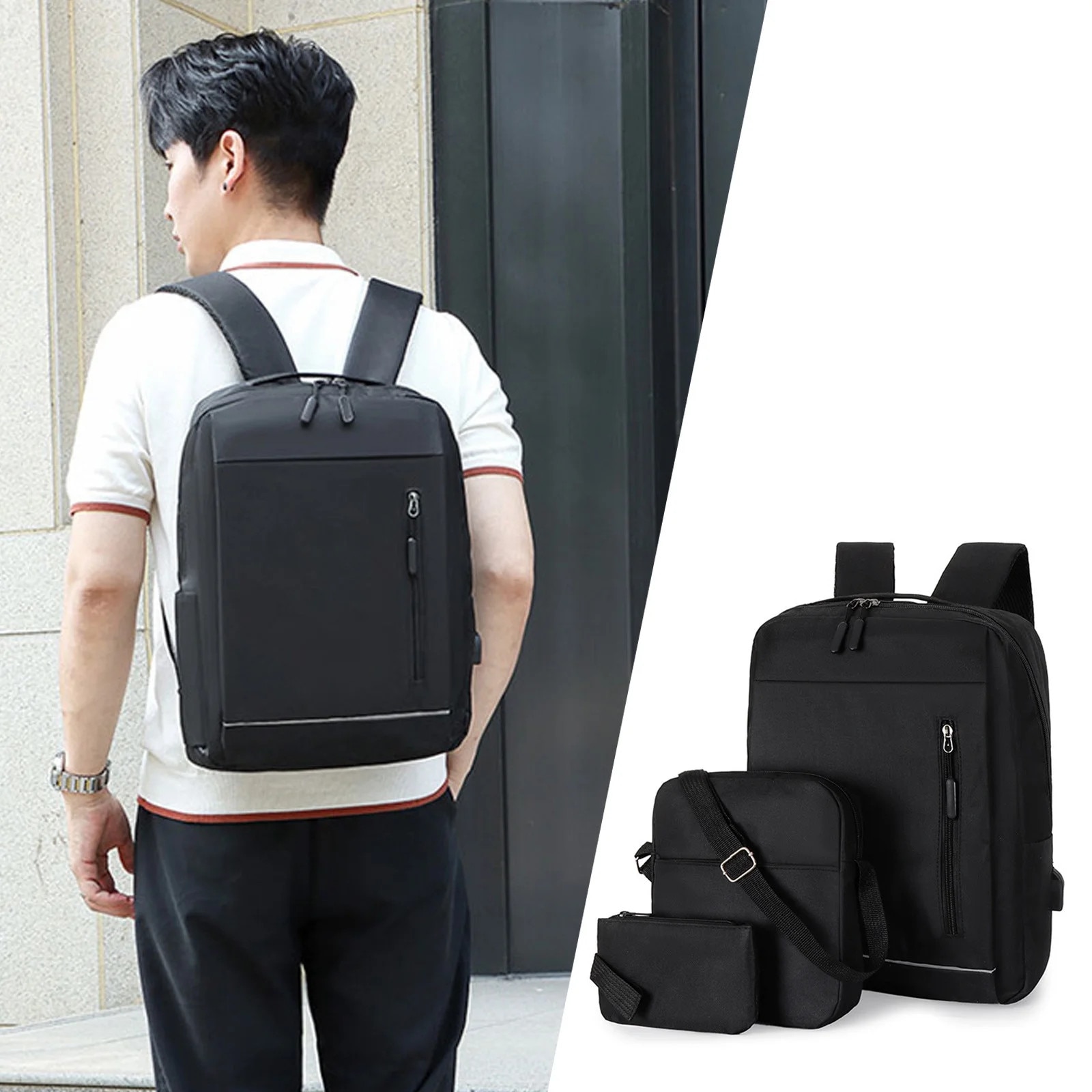 Rucsac laptop set 3 piese, negru, 41x30x12cm, 22x20x5cm, 18x12x2cm