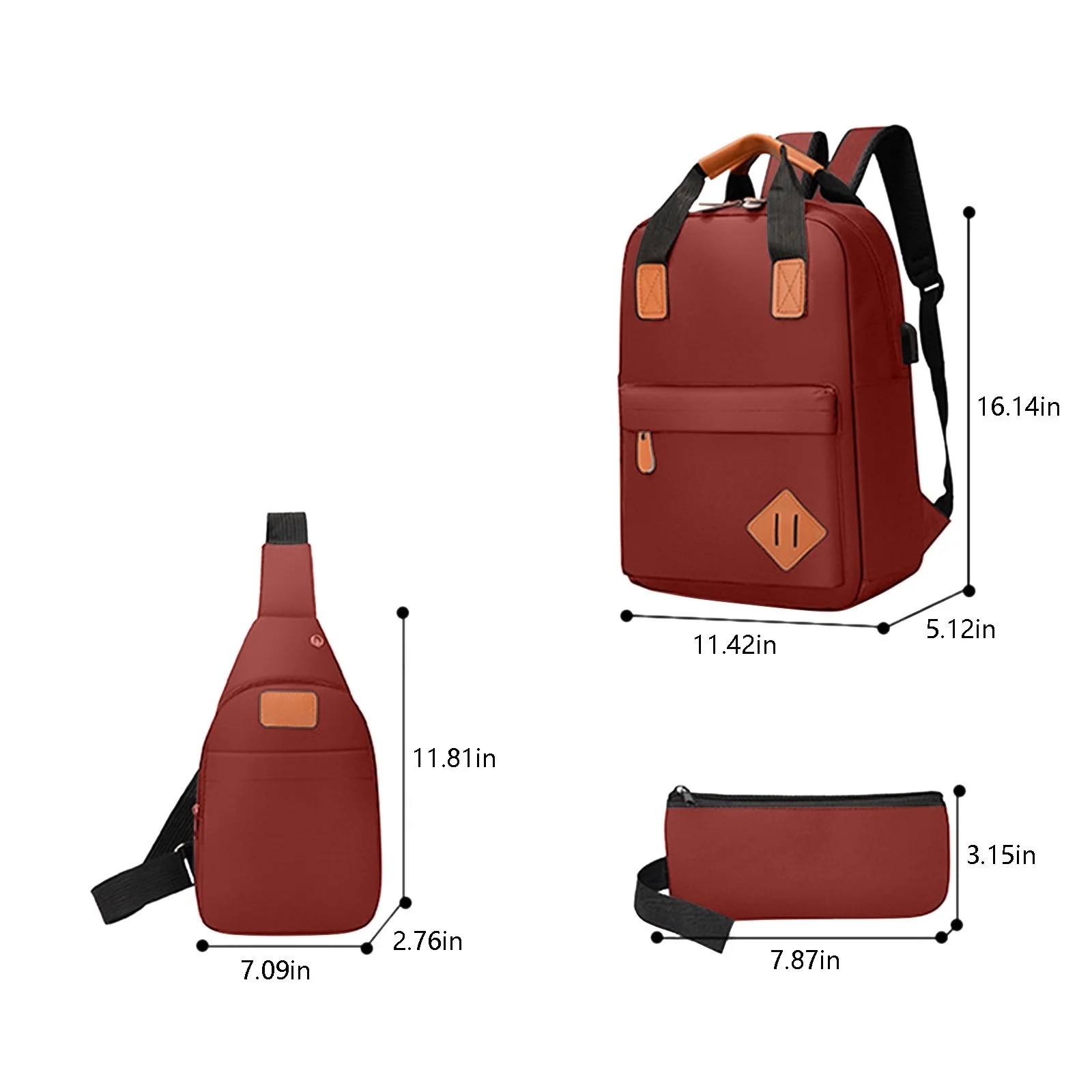 Set 3 piese rucsac laptop, geanta umar si portofel, rosu, 41x29x13cm