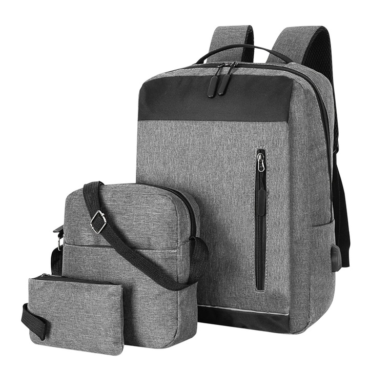 Rucsac laptop set 3 piese, gri, 41x30x12cm, 22x20x5cm, 18x12x2cm