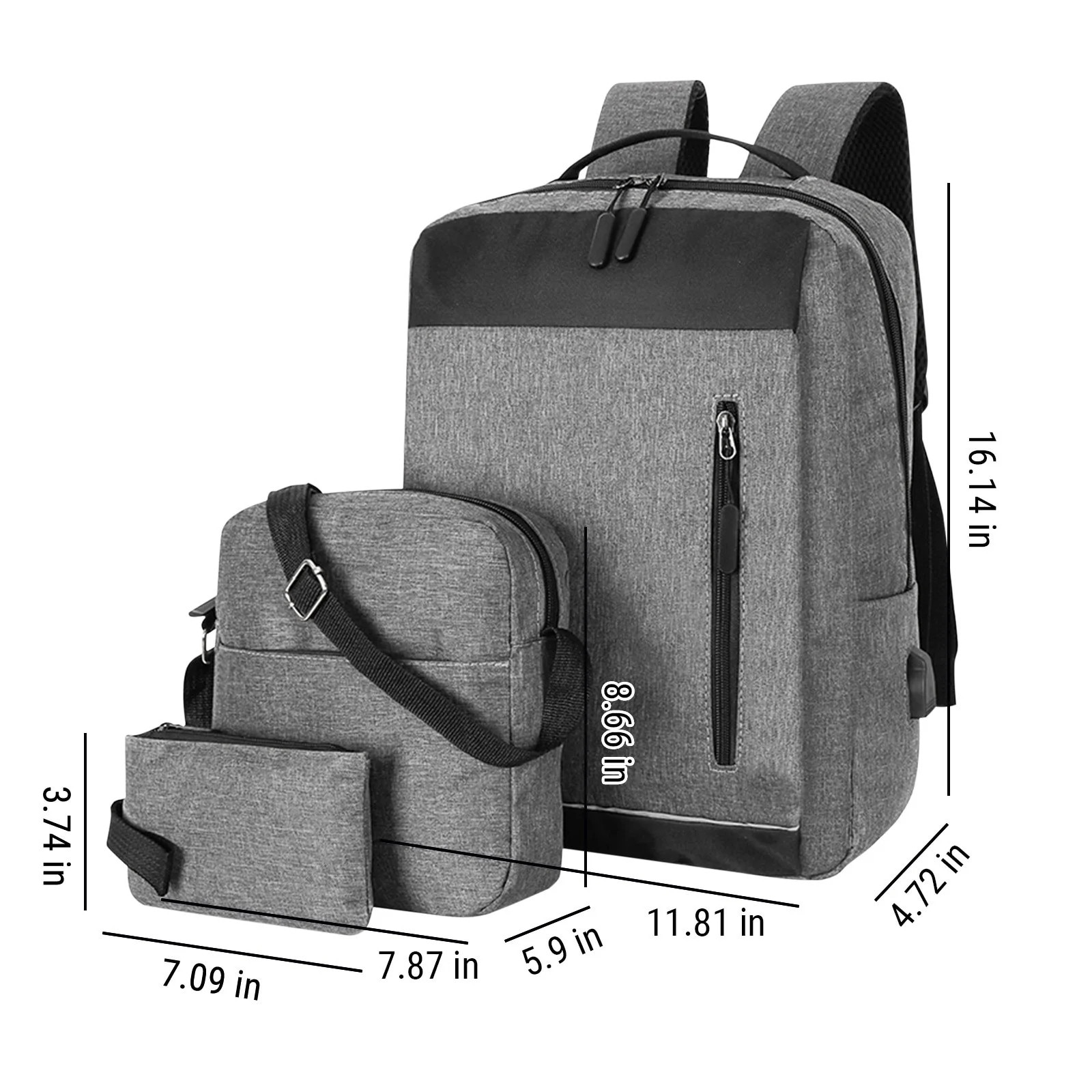 Rucsac laptop set 3 piese, gri, 41x30x12cm, 22x20x5cm, 18x12x2cm