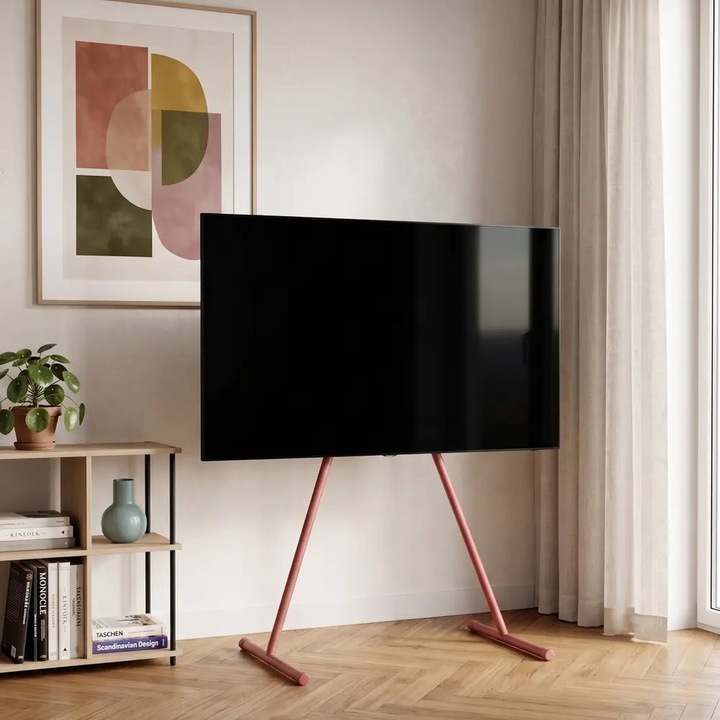 Univerzális TV állvány, Pedestal típus, Viva, 32"-70" (81-177 cm) képátló, maximális terhelhetőség 50 kg, csúszásmentes lábak, könnyen összeszerelhető, szatén rozsdamentes acél, skandináv design, piros