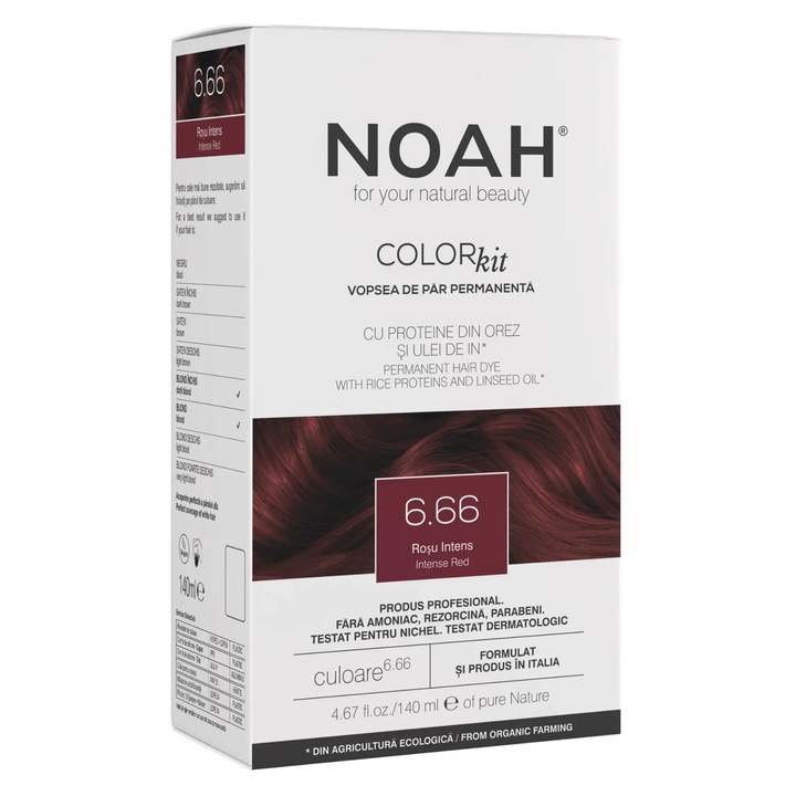 Vopsea de par permanenta, fara amoniac, cu proteina de orez si ulei de in organic, 6.66 Rosu intens, NOAH, 140 ml