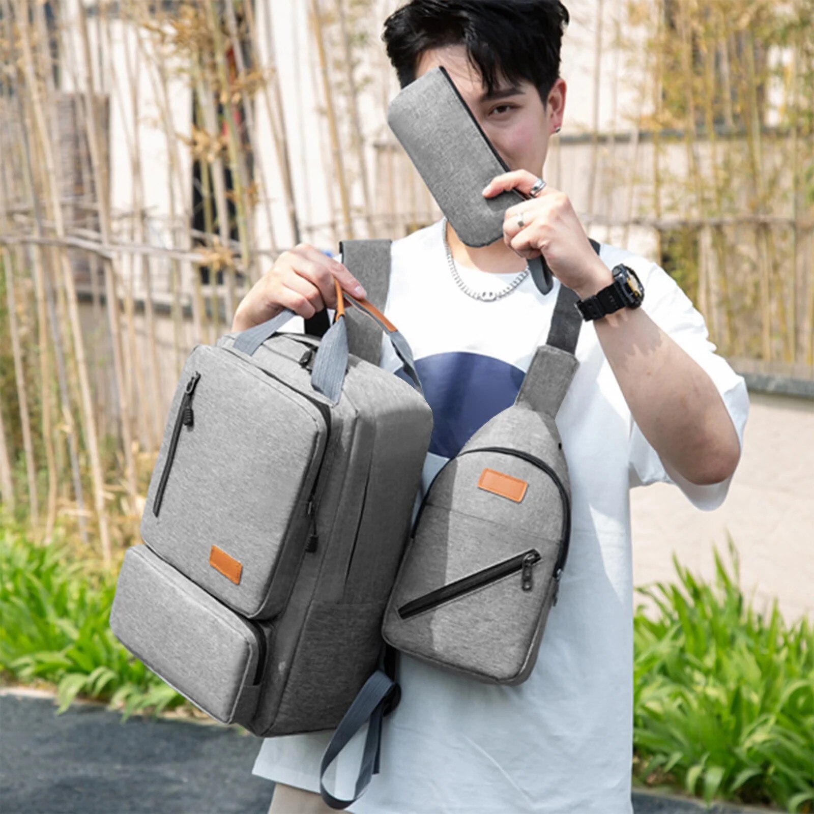 YANYXR, rucsac laptop din Oxford pentru calatorie, set 3 piese (rucsac 17 inch + geanta crossbody si portofel), gri, 45 x 32 x 16 cm (BCS2909976)