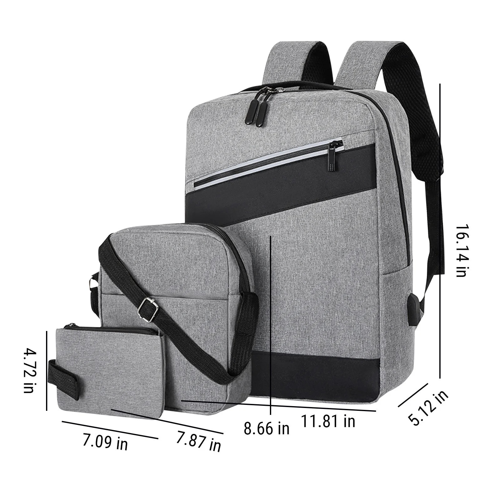 Rucsac laptop calatorie set 3 piese, gri, 41x30x13cm