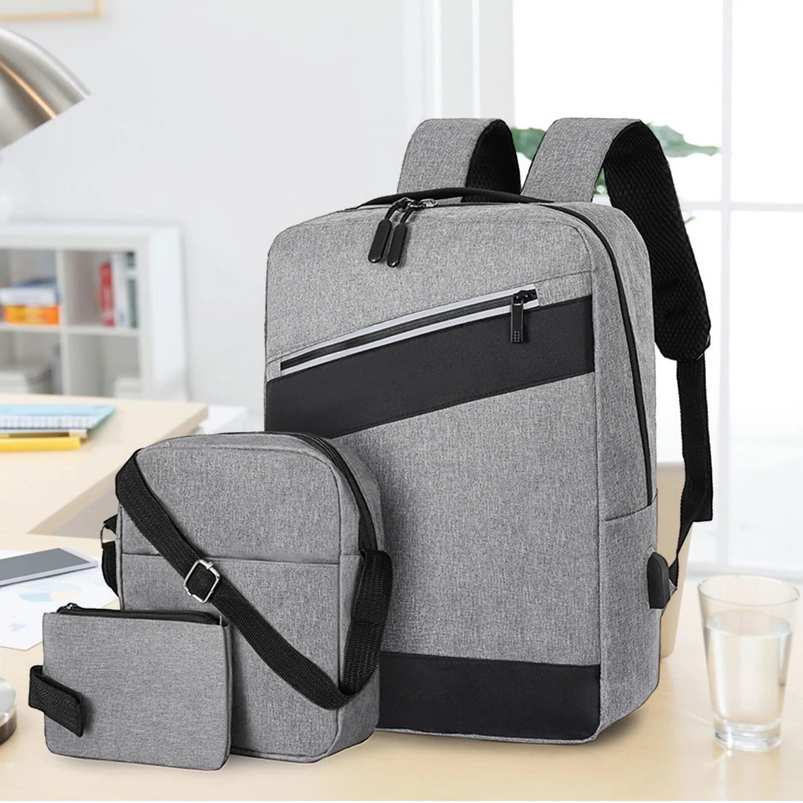 Rucsac laptop calatorie set 3 piese, gri, 41x30x13cm