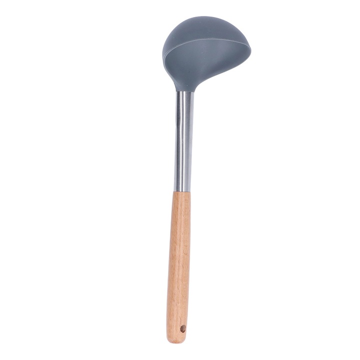 Lingura de supa, lingura, material siliconic moale, sigur, durabil, antiaderent, rezistent la zgarieturi, maner din lemn