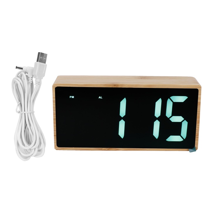 Carmdering EMAGFP-BSTY00116195-A65 digitális ébresztőóra, nagy LED kijelzővel, USB 5V tápellátás, hőmérséklet funkció °C/°F, csendes, természetes fa