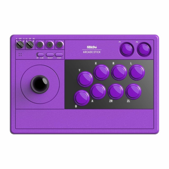 8Bitdo Arcade Stick, Nintendo Switch/Switch 2, PC, Steam, Сменяеми бутони, Турбо функция, Лилав, Безжичен контролер