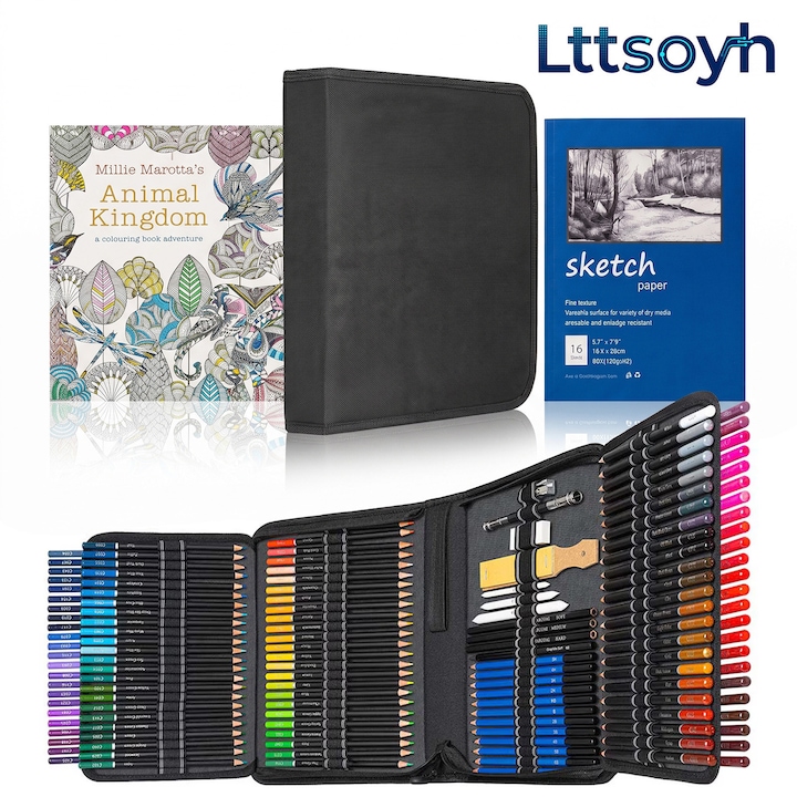 Lttsoyh® Пълен Комплект за Рисуване от 145 Части, 120 Живи Цветни Молива, Мека Сърцевина 3мм, Лесно Смесване, Липово Дърво, Предварително Заточен Връх, Инструменти за Скициране, Преносим Калъф, Подарък за Художници, Оцветяване, Рисуване, Скициране