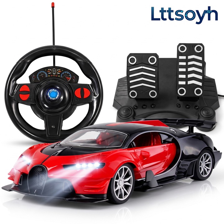 RC кола Lttsoyh® 1:16, Гравитационен сензор и окачване, Волан + педали, Предни LED фарове, Контрол 7-15м, Автономност 15-20мин, Акумулатор + USB кабел, Подаръчна опаковка, Възраст 6+ години, Прилепващи гуми, Детайлен спортен модел, Черен