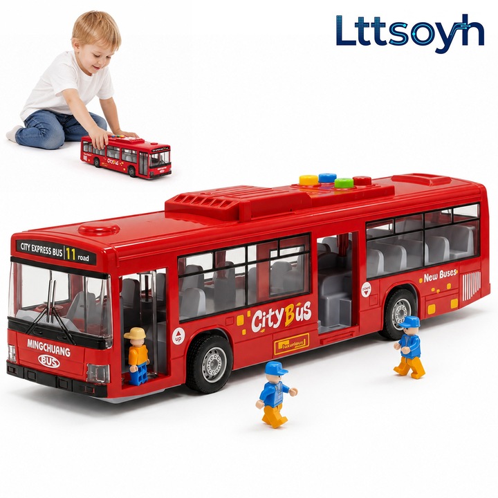Автобус играчка Lttsoyh®, Подаръци за деца, Мащаб 1:16, Звукови и светлинни ефекти, Плъзгащи се врати, Инерционен механизъм, Интерактивен образователен панел, 30.6 см, празнични подаръци, Червен