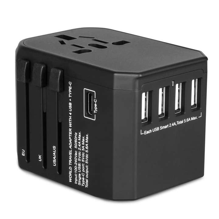 Adaptor priza universal 4 USB USB-C alb 9,5x6,5x6,2cm